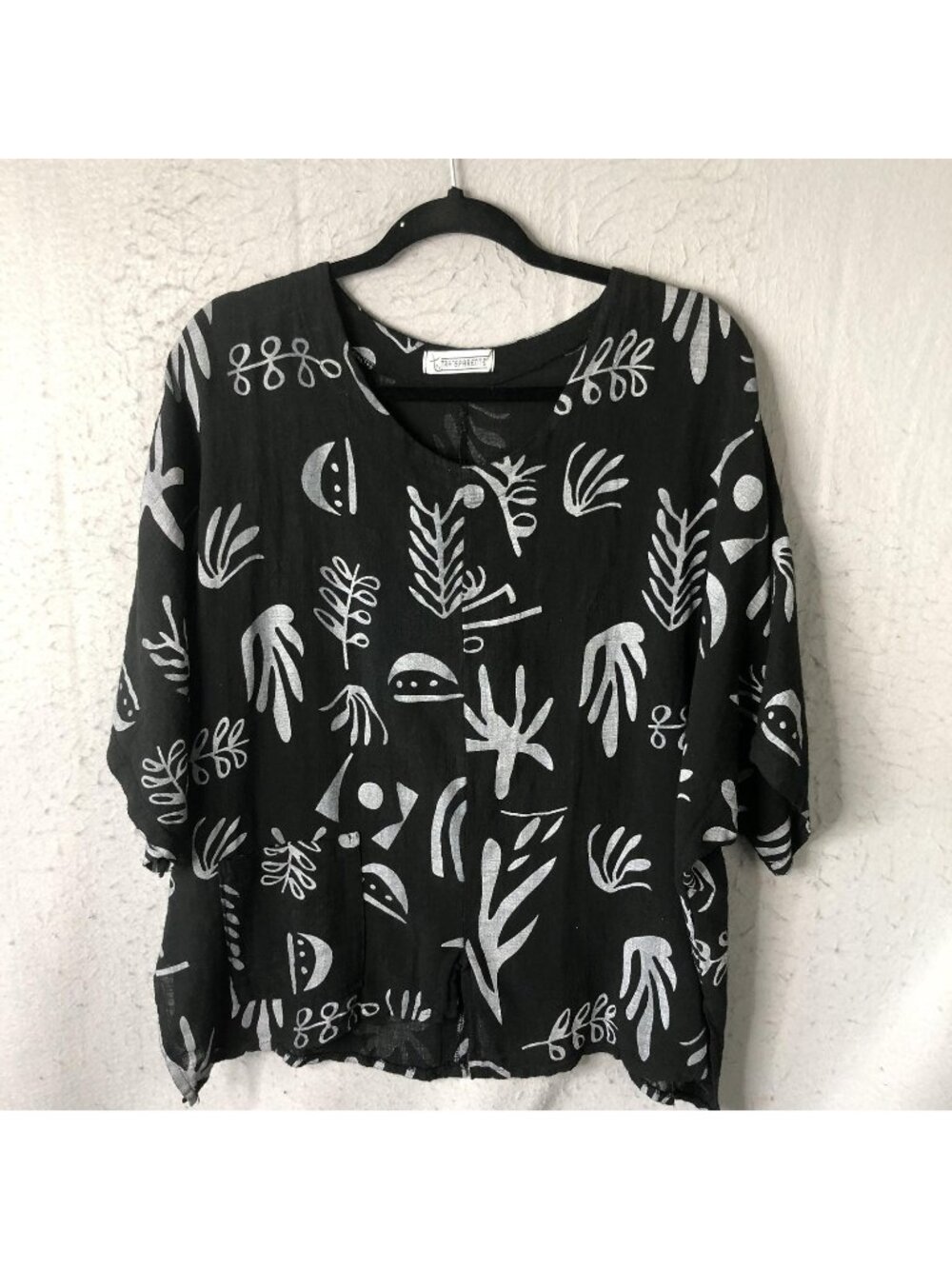 Transparente Tunic Top Womens 2X Black Linen Abstract Artsy Lagenlook Italy